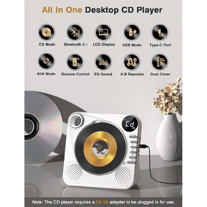 Desktop CD Player Bluetooth with HiFi Dual Speaker, CD Player with Remote Control,Dust Cover,LCD Display,Sleep Timer,USB/AUX/3.5mm Earphone Jack