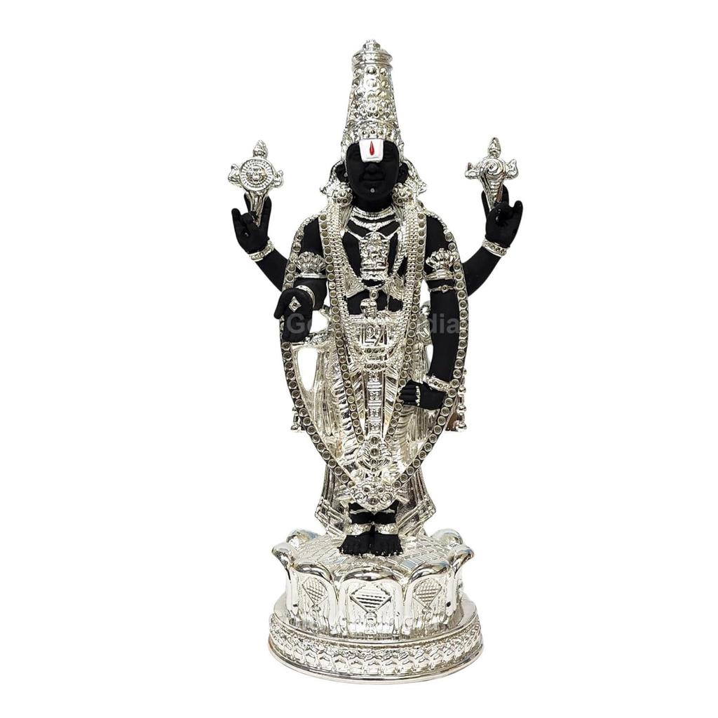 Lord Tirupati Balaji Silver Plated Black Idol with Golden Jewelry Work | Balaji Idol for Car Dashboard | Venkateswara Swamy Murti for Home |