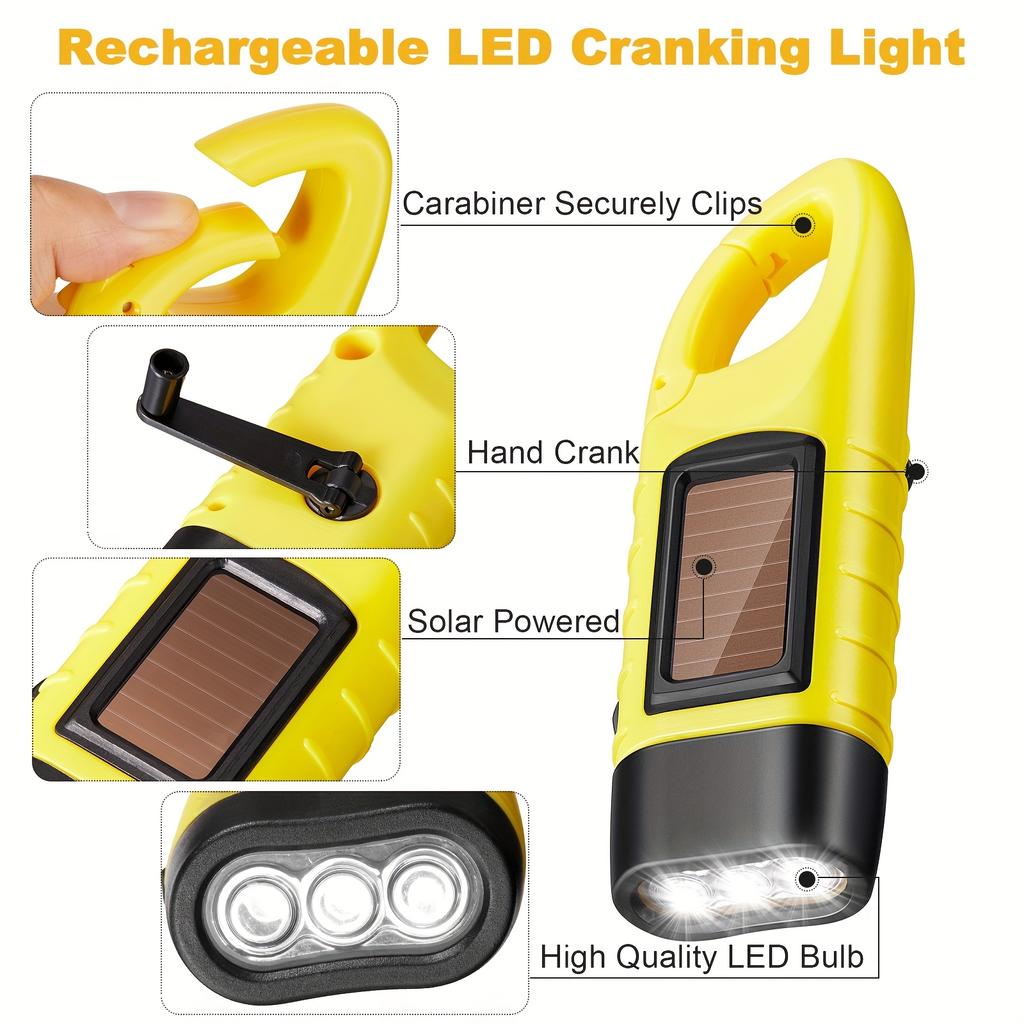 Solar Hand Crank Flashlight Rechargeable LED Emergency Light Outdoor Camping Power Supply Torch for Hiking Survival and Disaster Use
