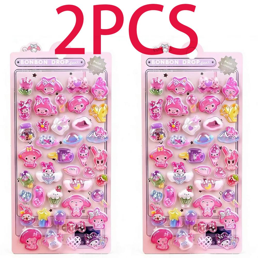 Luminous Cute Sanrio 3D Relief Stickers Kawaii Girls Kuromi Cinnamoroll My Melody Crystal Decals Kids Decoration Sticker Packs