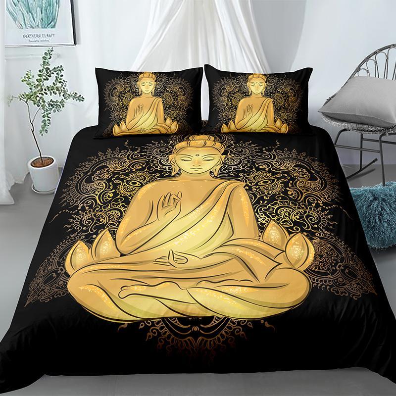 King Size Buddha Duvet Cover Set Exotic Ethnic Bohemian Bedding Golden Buddha Print Microfiber Quilt Cover