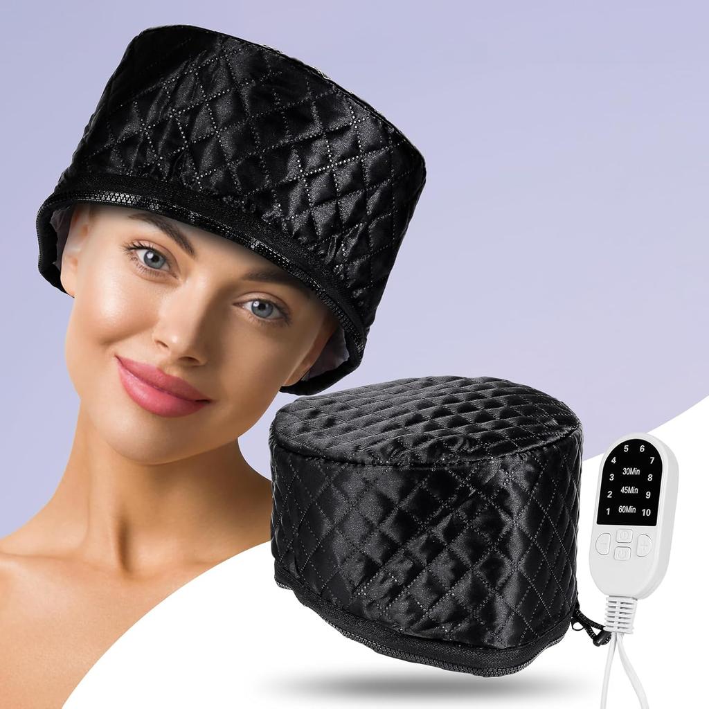 Electric Hair Steamer Cap, Hair Care Hat Heating Cap with 10 Gears Temperature and Timer Control, Thermal Heat Cap for Black Hai