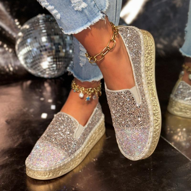 2025 New Luxury Women Flats Rhinestone Bling Sewing Platform Loafers Slip on Shallow Mouth Fashion Casual Shoes Ladies Footwear