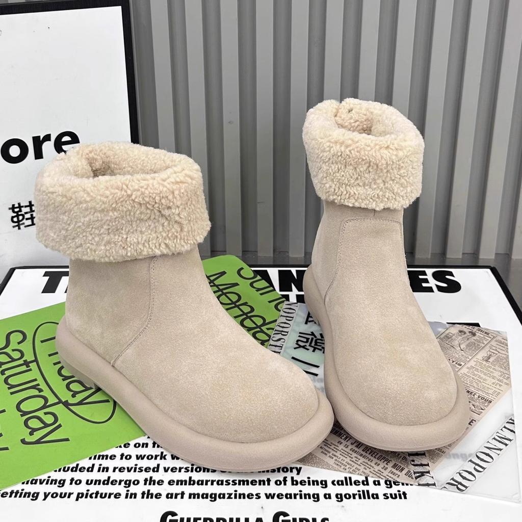 European matte leather lamb wool shoes lapel two wear snow cotton boots short boots thin little Boken women's shoes