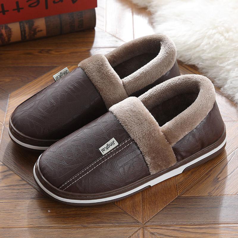 Winter Home Slippers for Men Memory Foam Massage House Slippers with Fur PU Leather Waterproof Indoor Male Slipper Plus Size 51