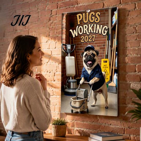Home Study Room Decoration 2027 Pugs Working Wall Calendar, Funny Dog Hanging Office Organizer 12 Monthly Planner with Unique Illustrations for Decor