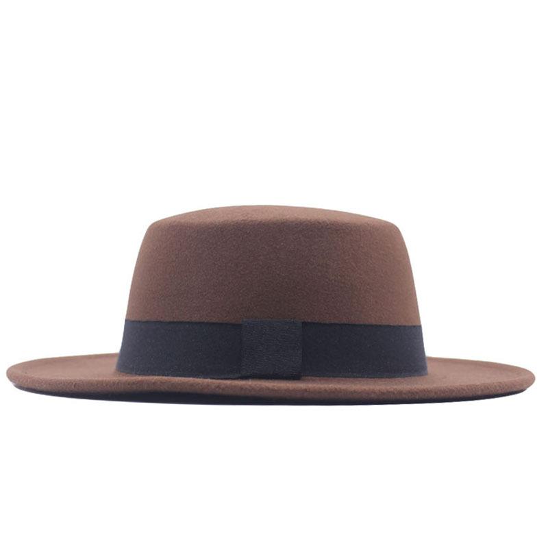 Retro British style black ribbon flat top top hat couple men and women spring and autumn woolen thermal hat