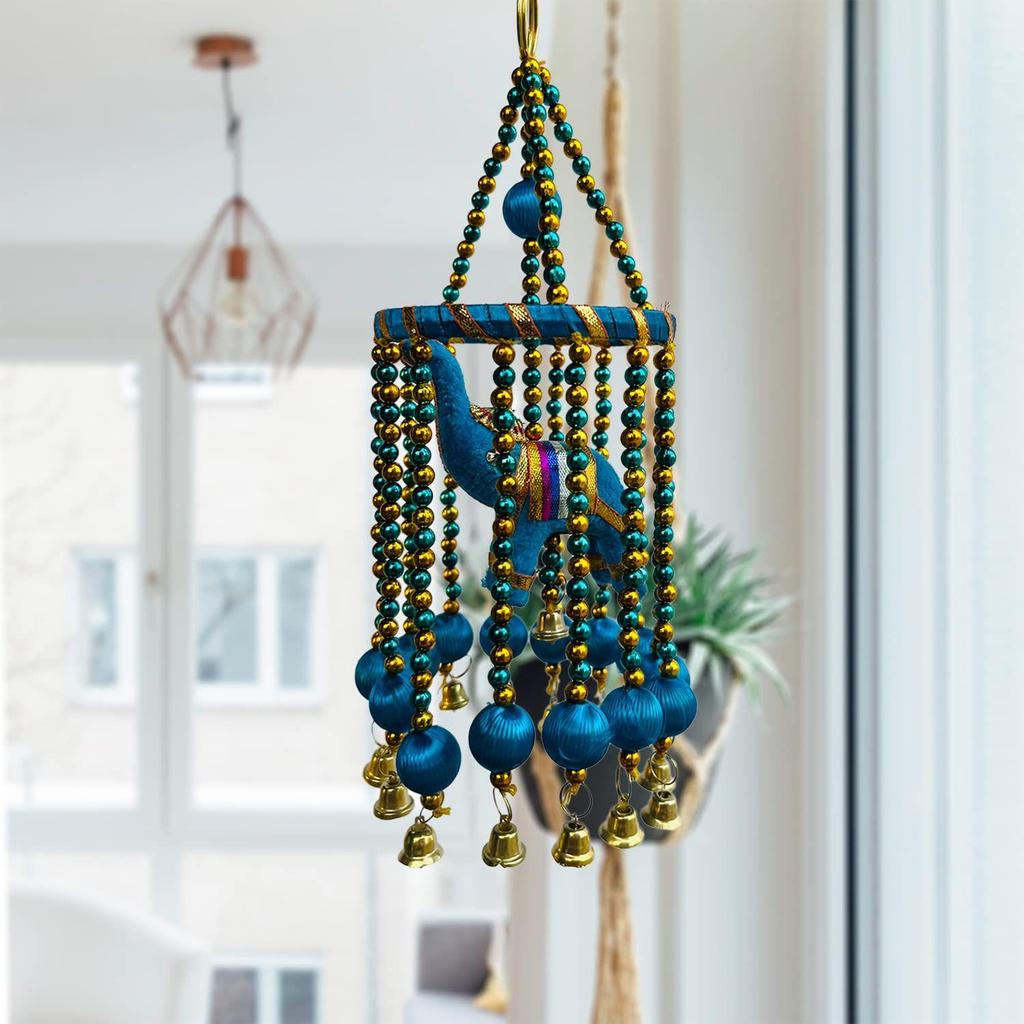 Traditional Windchimes|Hanging Ring Elephants with Bells|Polyester Handcrafted Latkan|Decorative Door Hanging Latkan (Multicolor)