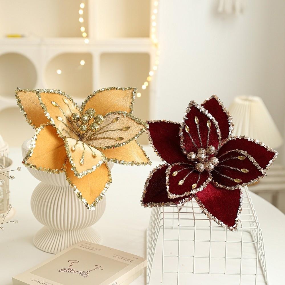 Sequins Artificial Poinsettia Flower 26CM Simulation Flowers Christmas Tree Accessory