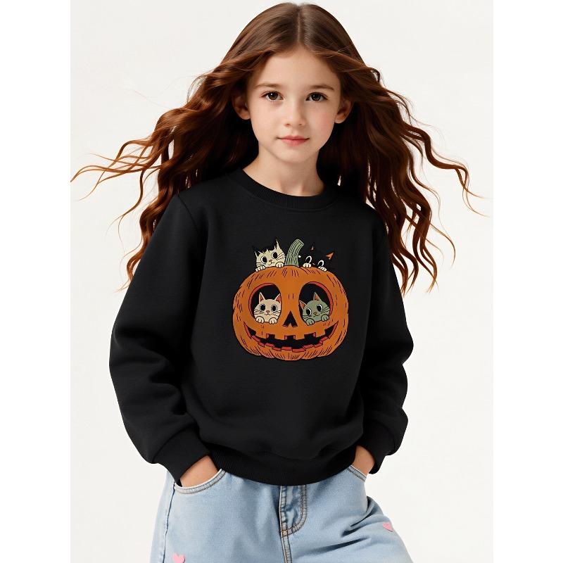 Girls' Halloween Long-sleeve Sweatshirt, Round-neck Fun Print Casual Top, Kids' Autumn Clothing, Suitable for Trick-or-treat Parties and Halloween