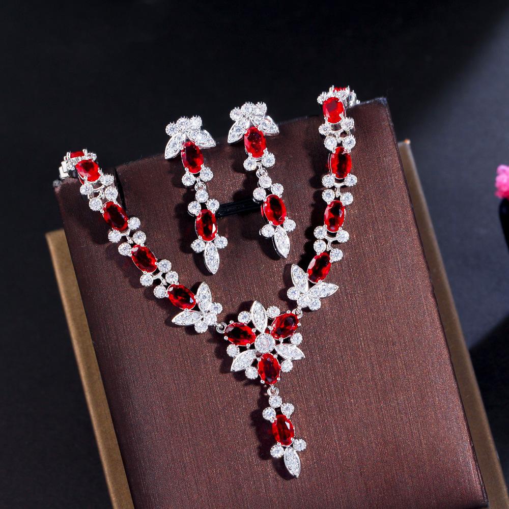 Design Ruby Necklace Bridal Banquet Wedding Dress Accessories Pieces Earrings Zircon Set