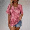 Camiseta Casual Feminina Tie Dye Rosa com Cadarço, Decote V, Manga Curta, Caimento Solto