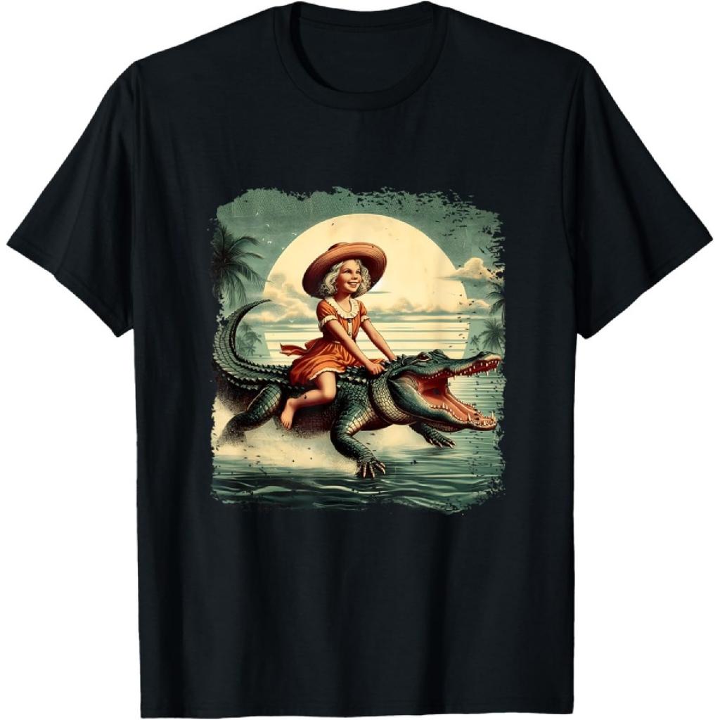 Girl Riding Alligator Weird Florida Crocodile Meme Retro T-Shirt(1)