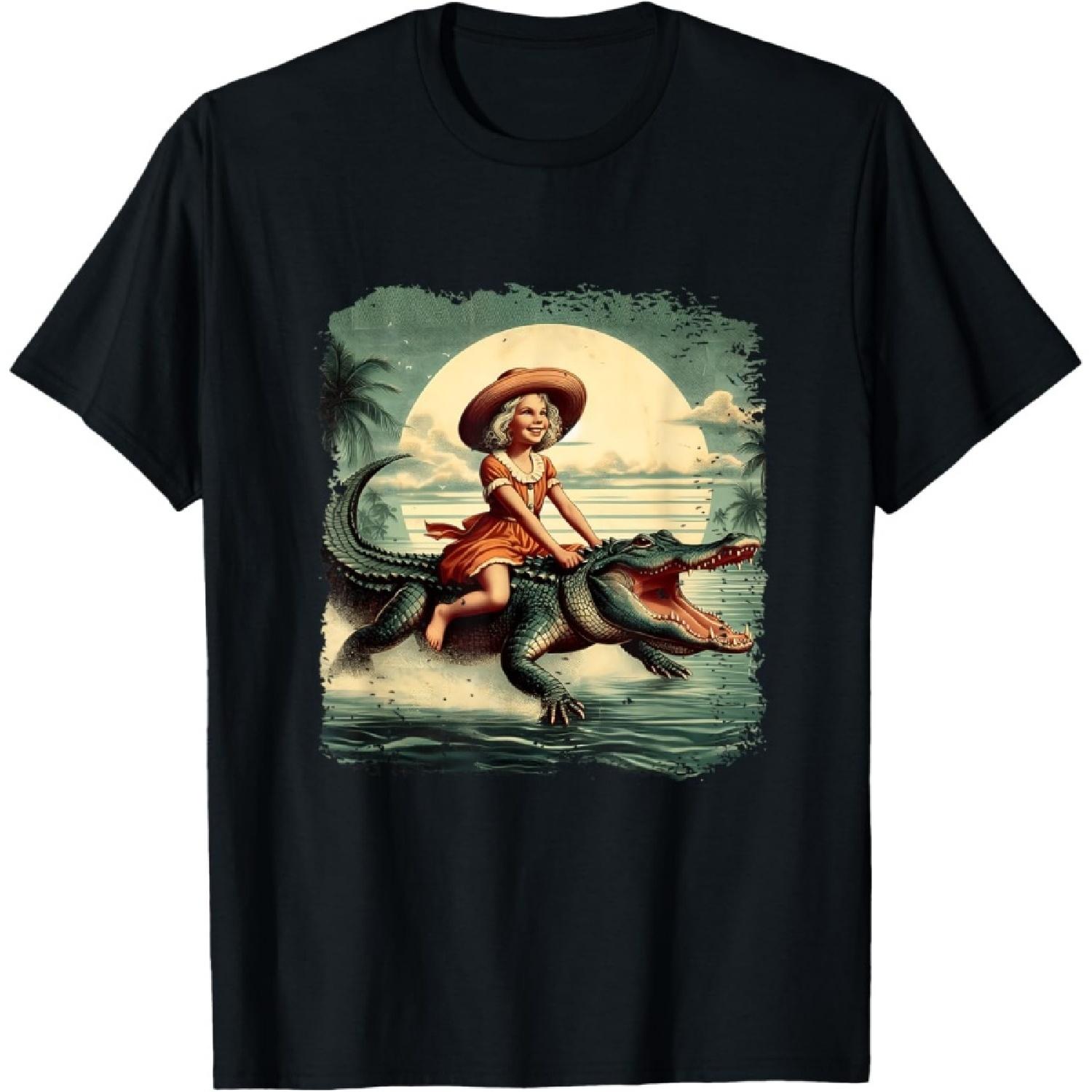 Girl Riding Alligator Weird Florida Crocodile Meme Retro T-Shirt(1) S