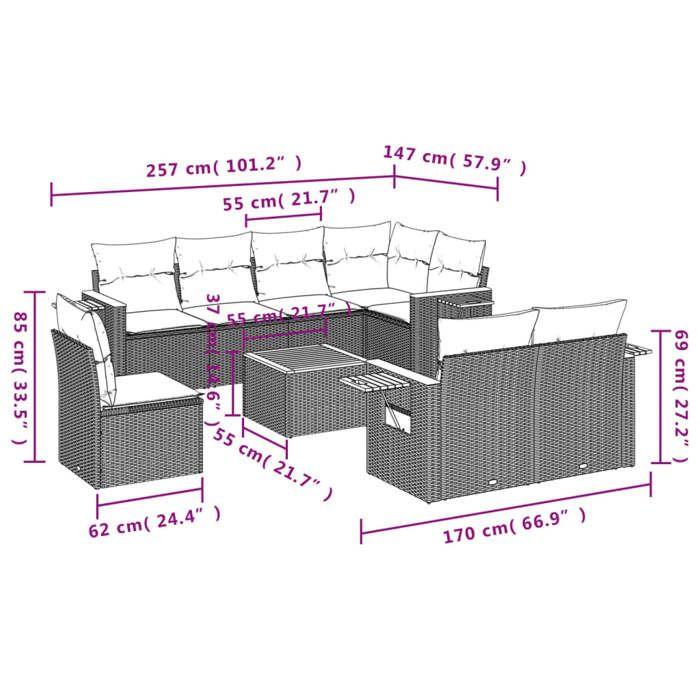 VidaXL Salon de Jardin avec Coussins 9 pcs, Canapés de Patio, Ensemble de Meubles, Mobilier de Terrasse Exterieur, Gris 3227013