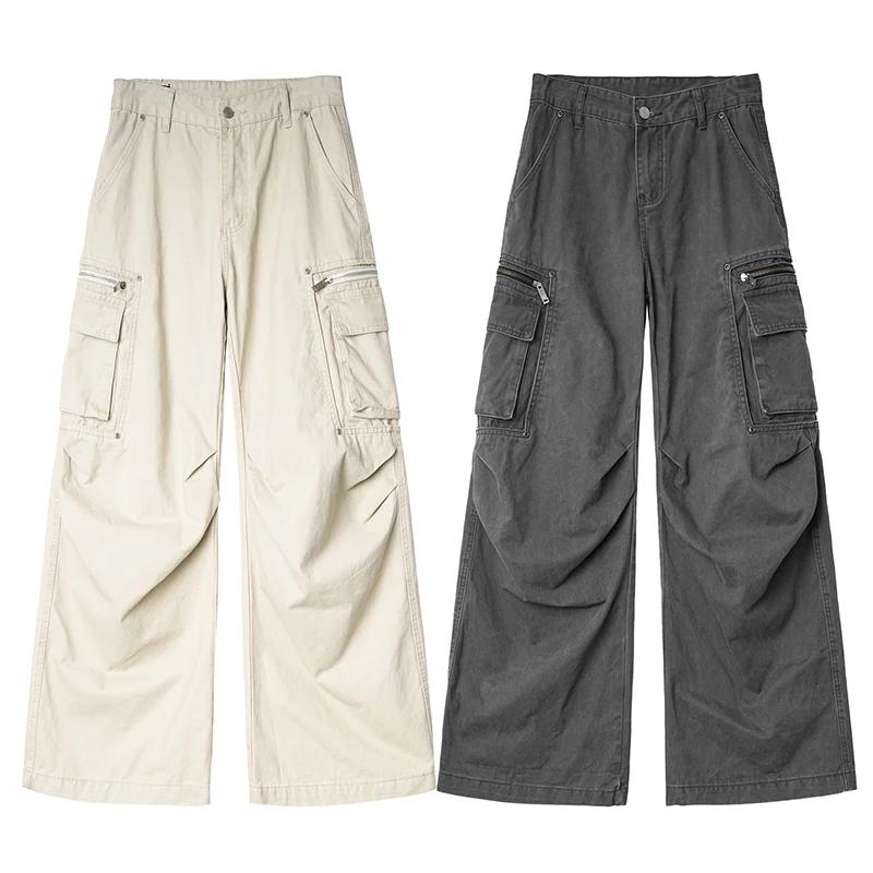 Autumn Men Retro Distred Multi-Pocket Pants Men Streetwear Wide Leg Pants Male Loose Straight Casual Lightweight Khaki Trousers