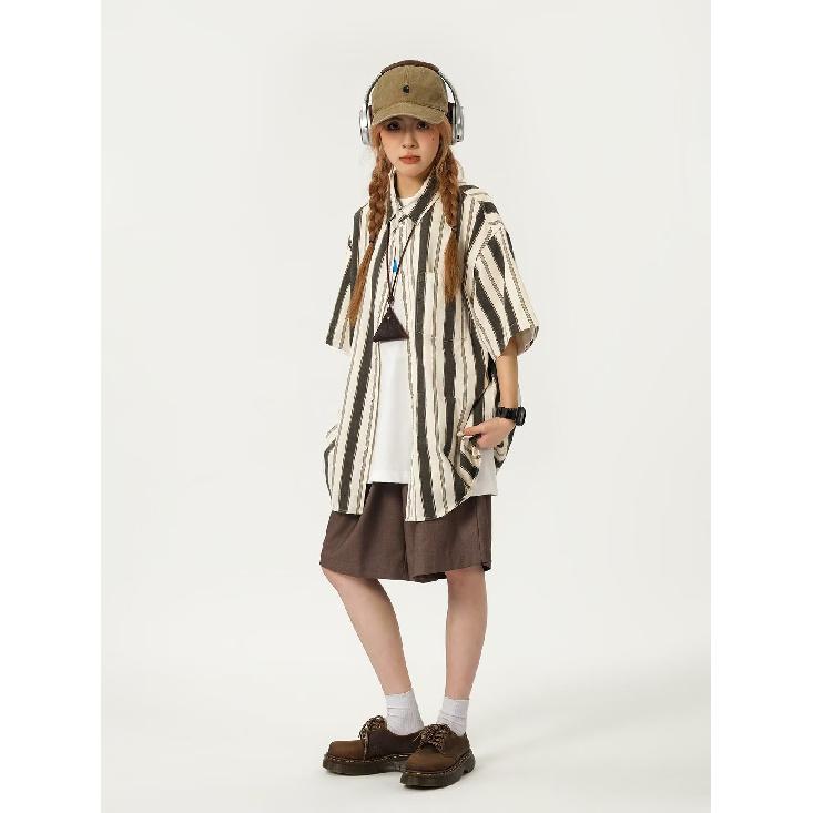 Short Sleeved Shirt For Men With A Niche Design, Striped Five Quarter Sleeves, High-End Feel, Loose And Handsome Long Sleeved Shirt