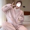 **Kadın Flanel Pijama Takımı Yuvarlak Yaka Jakarlı Uzun Peluş Kalın Sıcak Ev Giyimi**