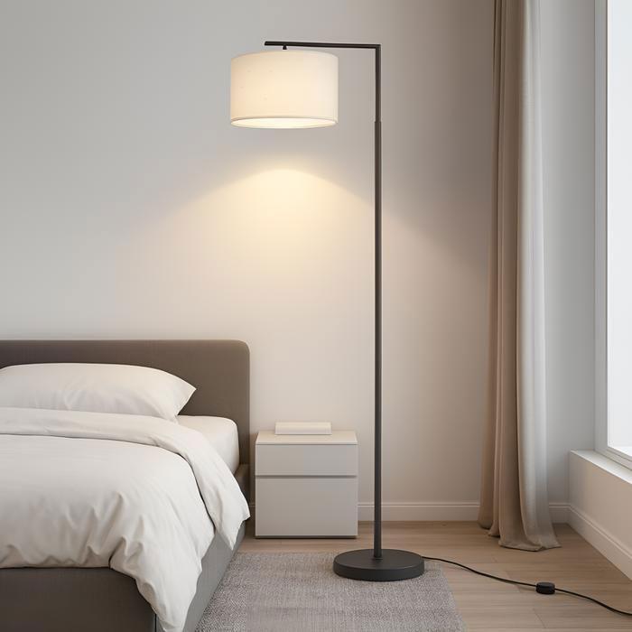 Lampadaire arc beige style scandinave NETTLIFE – E27, Lampe sur pied salon avec abat-jour tissu pour ambiance chaleureuse