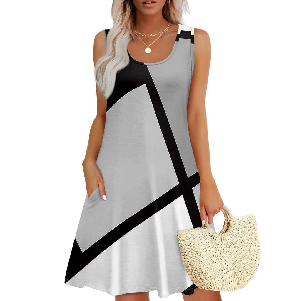 Robe d'été décontractée à col carré pour femmes, patchwork imprimé, robe sans manches avec poches