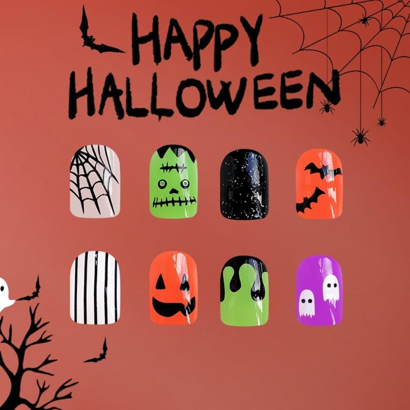 Halloween Cobweb Bat Faux Nail Short Square Manicure Tips Sparkling Press On Nail 24pcs Not Require Adhesive