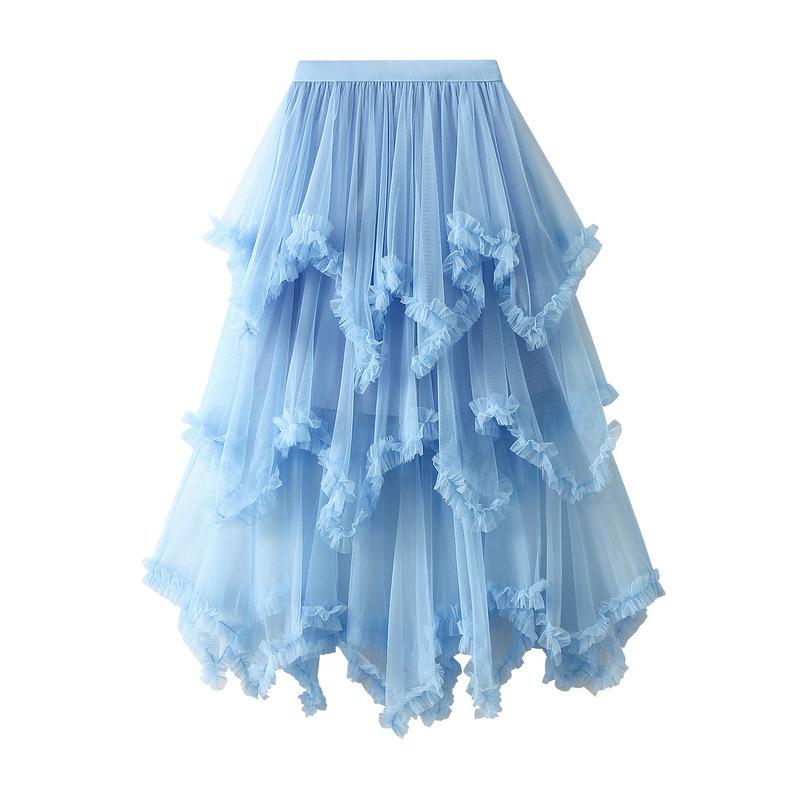 Women's Japanese Style Ruffle Mesh Midi Skirt - Fluffy Fairy Gauze with Wide Hem