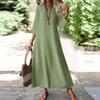 Women's Fashion V-Neck Seven Sleeve Pocket Solid Color Zipper Casual Vacation Long Cotton Linen Dresses