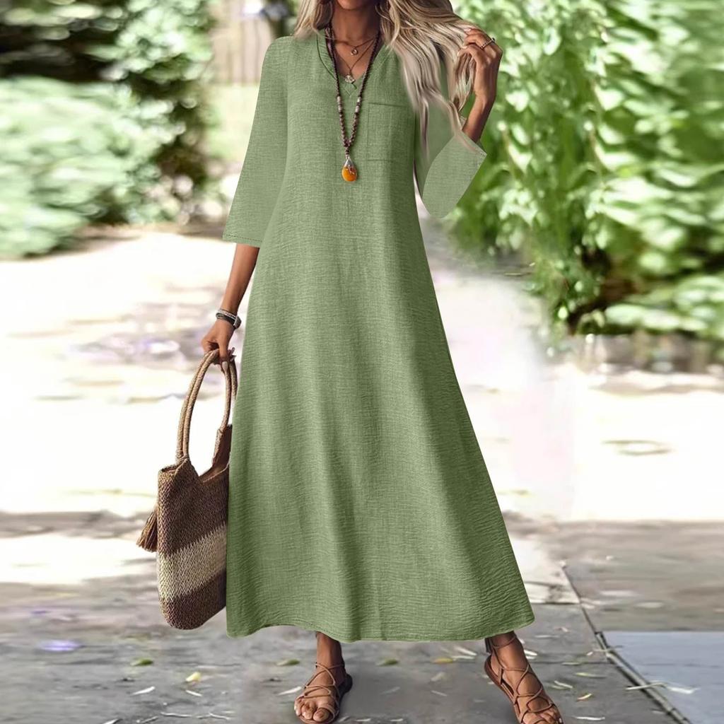 Women's Fashion V-Neck Seven Sleeve Pocket Solid Color Zipper Casual Vacation Long Cotton Linen Dresses