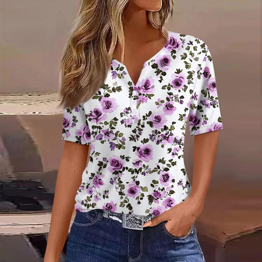Women's T Shirt Tee Print Button Short Sleeve Daily Weekend Fashion Basic V- Neck Regular Top