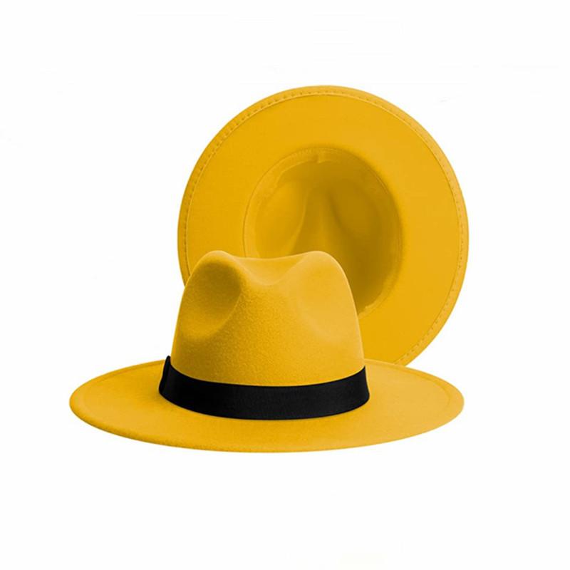 Women Winter Yellow Classic Elastic Fedora Hat Unisex Felt Jazz Hats Elegant Men Women Wide Brim Panama Trilby Cap