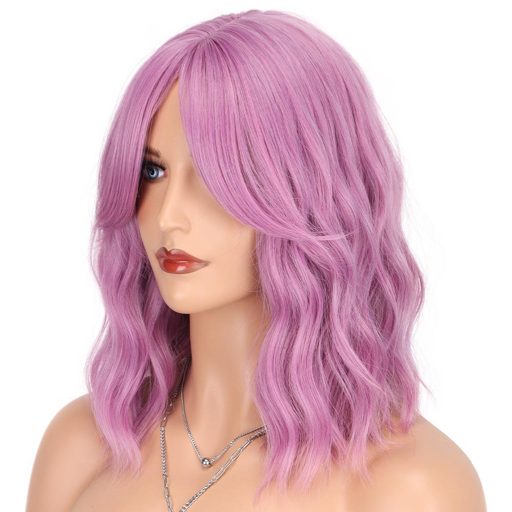 Synthetische gewellte Bob-Perücken, 35,6 cm, Cosplay, mittlere Perücke mit Pony, natürlicher Haaransatz, Orange, Lila, Rosa, Blau, Perücken für Frauen