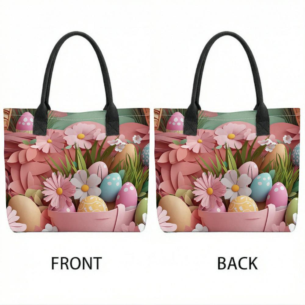  Easter Floral Print Tote Bag Large Capacity Reusable Casual Handbag for Holiday Shopping Travel Daily Use