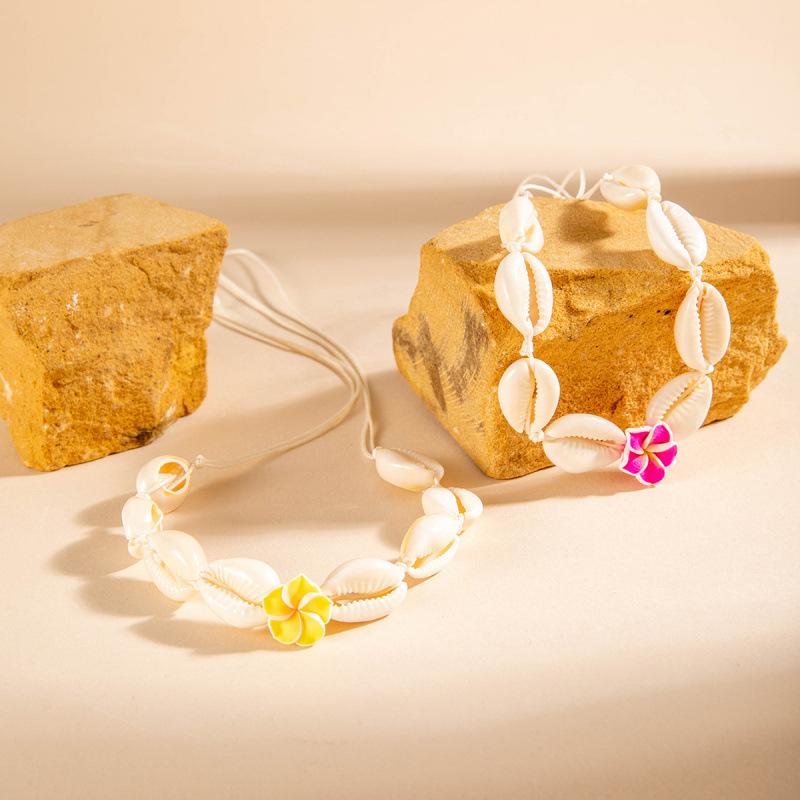 Ocean beach resort wind rice beads two-piece set simple contrasting color shell hand-woven anklet