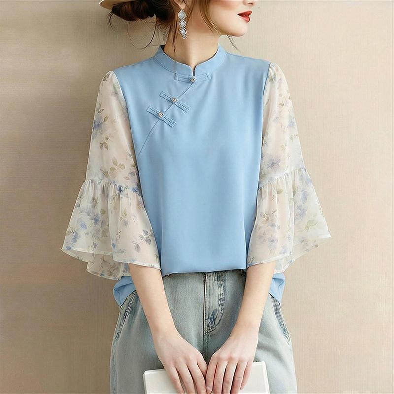 ZANZEA Womens Casual Stand Collar Print Splice 3/4 Sleeve Elegant Blouse M синий