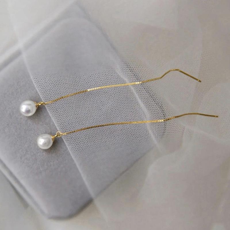 Gold Plated Pearl Threader Earrings, Delicate Long Chain Drop Earrings for Women