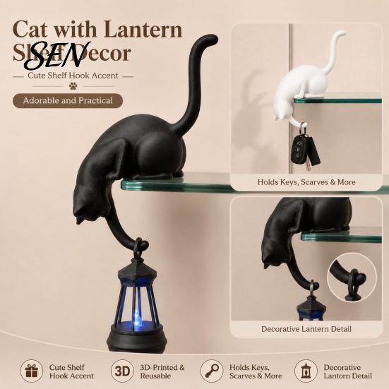 Decorazione Comodino Rustico Gatto Appeso Stampato 3D con Lanterna Scaffale Decorazione, Carino Che Spia Regali Pensierosi per Amici Statua da Bordo, Gancio Chiave