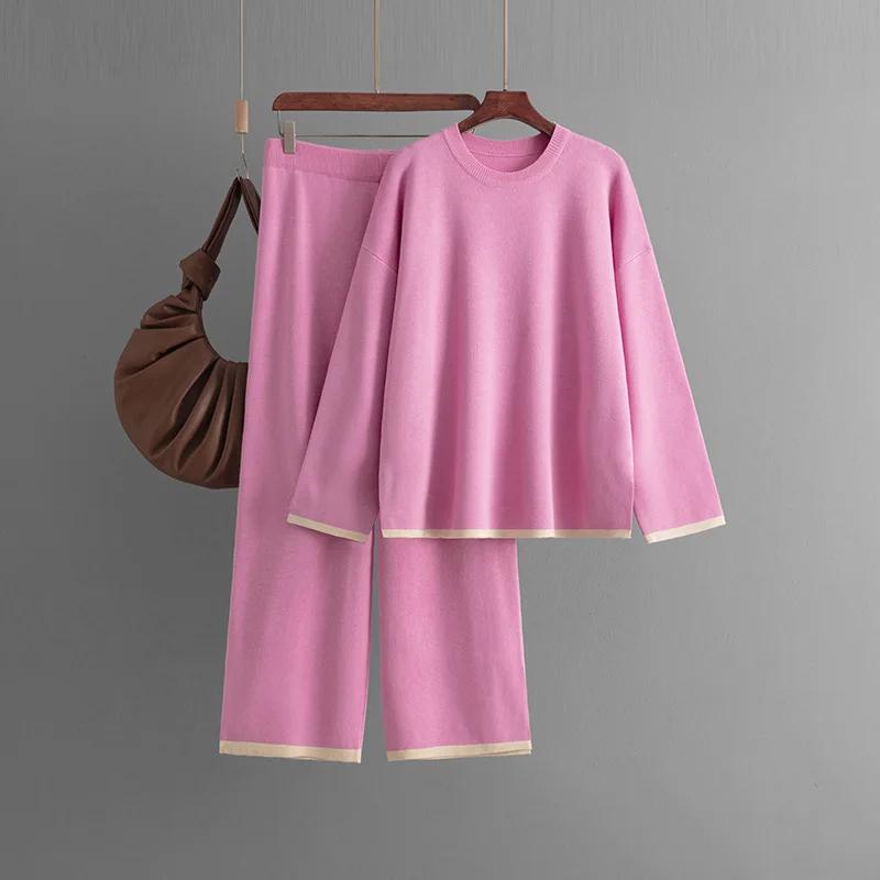 

Зимний женский костюм из 2 предметов: свитер, брюки, трикотажный комплект с длинным рукавом, топ и брюки, спортивный костюм, женская верхняя одежда, свитер, трикотажные костюмы One Size розовый