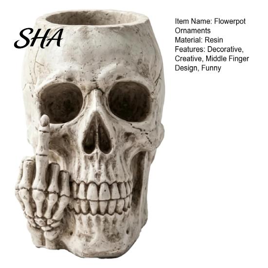 Small Fern Planting Pot Gothic Skull Planter with Middle Finger Design, Resin Skeleton Flower Creative Art Decor for Succulents, Funny Plant Ornament