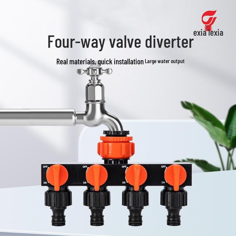 Four-Way Faucet Diverter: Quick-Connect Valve with One Inlet and Four Outlets.