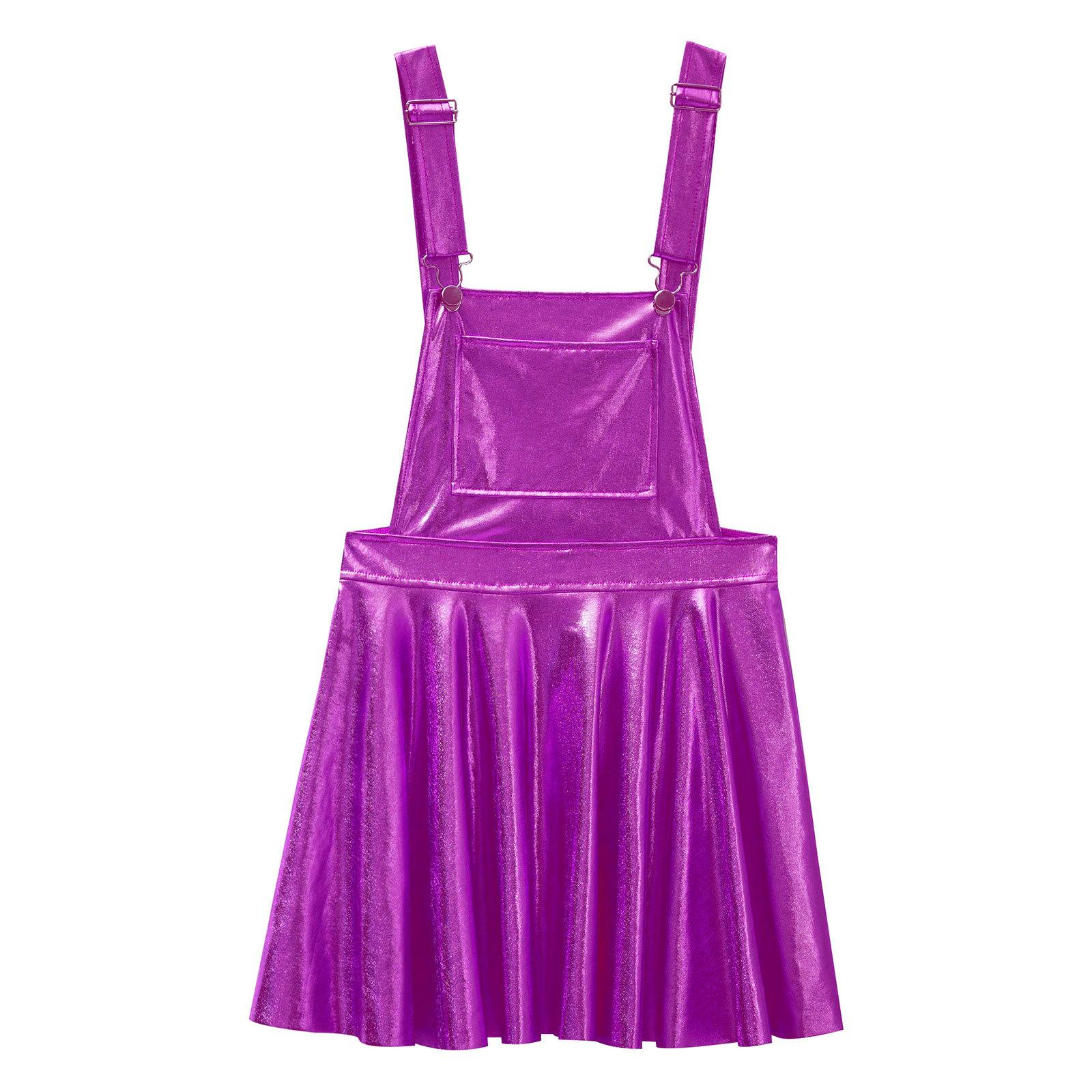 

Girls Metallic Pinafore Dress Adjustable Criss Cross Suspenders Front Pocket High Waist Design Party Casual Overalls 5-6 Years фіолетовий