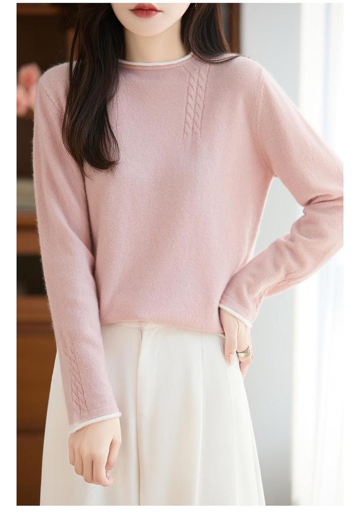 Autumn/Winter Pure Wool Cable Knit Double Round Neck Rolled Hem Long Sleeve Color Block Loose Pullover