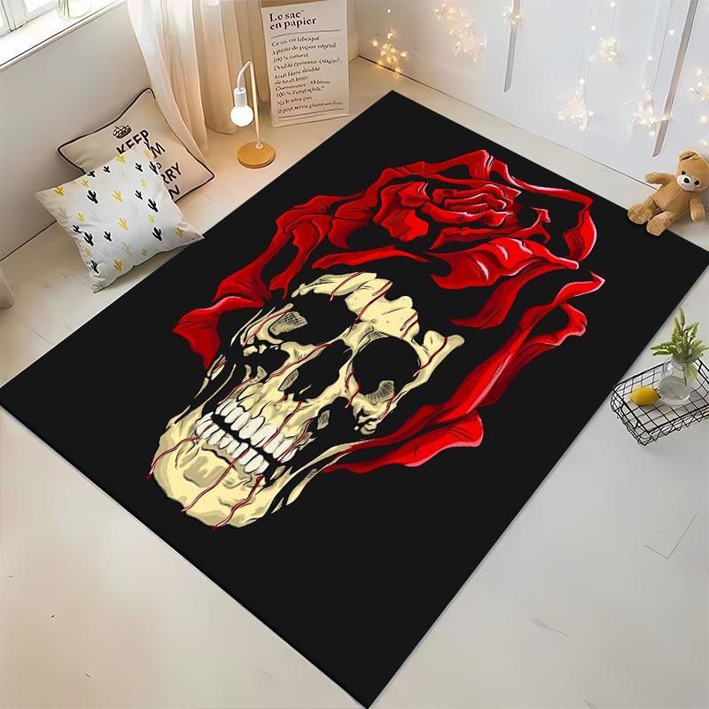 Skull Rose Printed Flannel Non-slip Carpet Suitable for Living Room and Bedroom