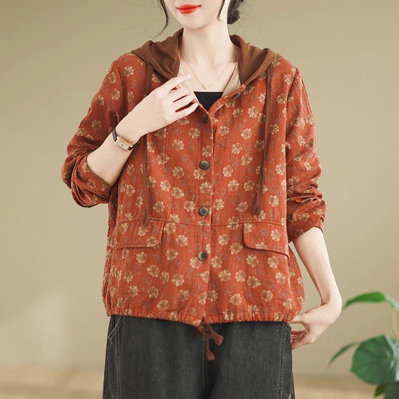 Spring and Autumn Loose Large Size Printing Plus Velvet Thick Hooded Retro Ladies Casual Jacket