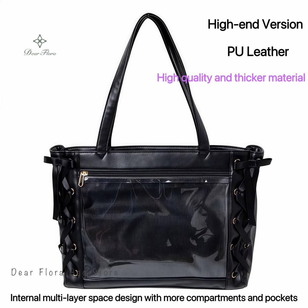 Japanese Sweet Women Ribbon Ita Bag Fashion Large Capacity Tote Bag Aesthetic Shoulder Bag Cute Lolita Girl Transparent Handbags
