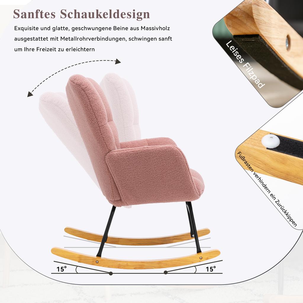 009 Mid Century Modern Rocking Chair made of Teddy Fabric with Tufted Cover, Padded Seat for Living Room and Bedroom, Pink
