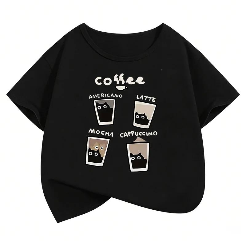 Coffee Cat Graphic Kids Tshirts Summer Short Sleeve Tees Cartoon Boys Girls Clothes Kawaii Tops Y2K Children Tshirt