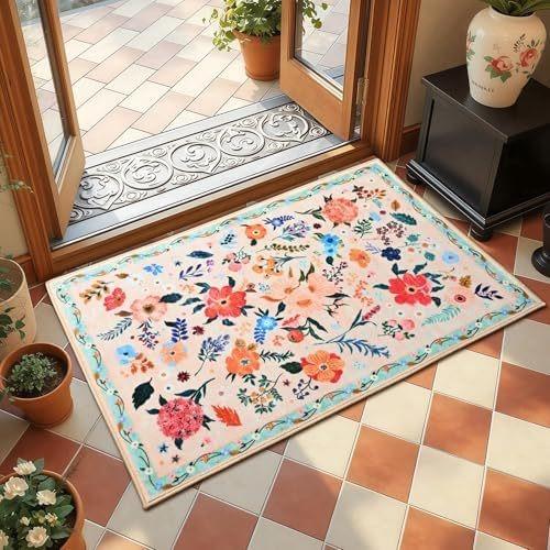 Tappeto Floreale Rosa Fiori Stampati Lavabile Piccoli Tappeti con Supporto per Decorazione Camera da Letto Bambina Area Giochi Bambini Tappetino Antiscivolo