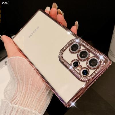 Pro Samsung Galaxy S25 Ultra Luxusní Pokovený Rámeček s Třpytivými Diamanty Průhledný Kryt na Telefon Pro Samsung S22 S23 S24 S25 Plus