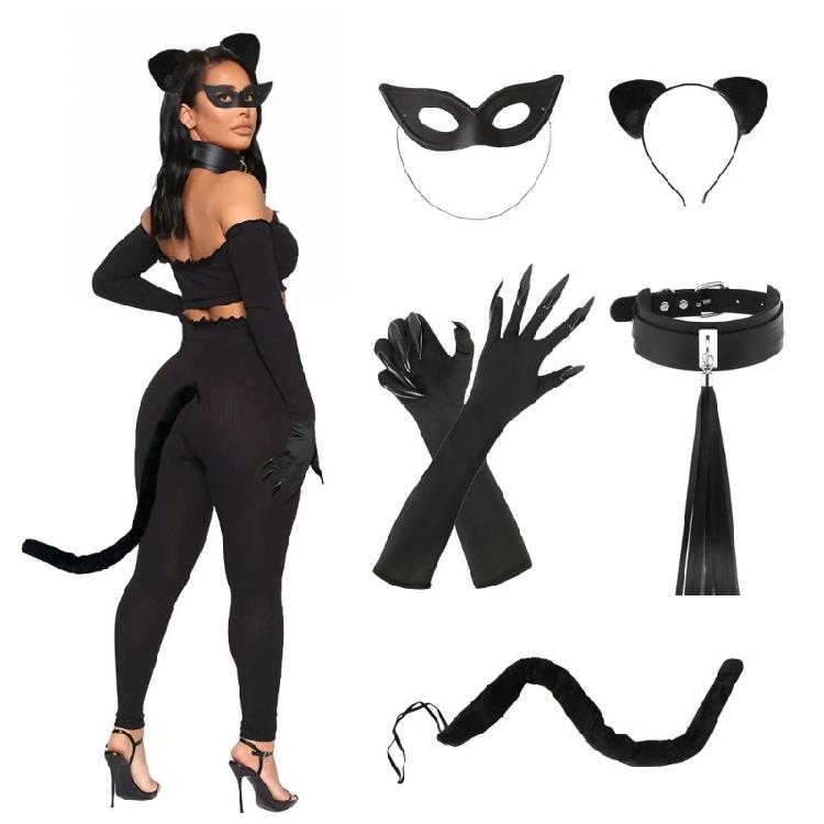 Black Cats Costumes for Women Cats Ears Headband Tail Paws Gloves Collar Mask Halloween Costume Accessories Adult Kids