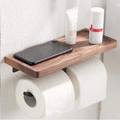 Doppel-Papierhalter mit Ablage Schwarz Holz Wandmontiert WC-Papierhalter Nussbaum Toilettenpapier Handtuchhalter für Badezimmer Küche